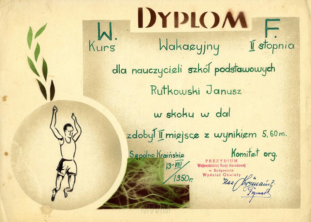 KKE 3244.jpg - Dyplom, Jana Rutkowskiego za II m. skok w dal, Sępólno Kraińskie, 1950 r.